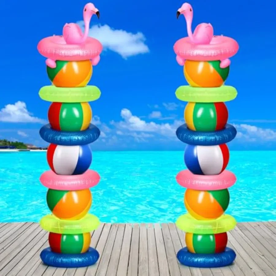 

Beach Ball Party Kit for Summer Theme Decorations: 10 pcs 16-inch beach balls, 12 swimming rings, 2 inflatable pool toys, rainb