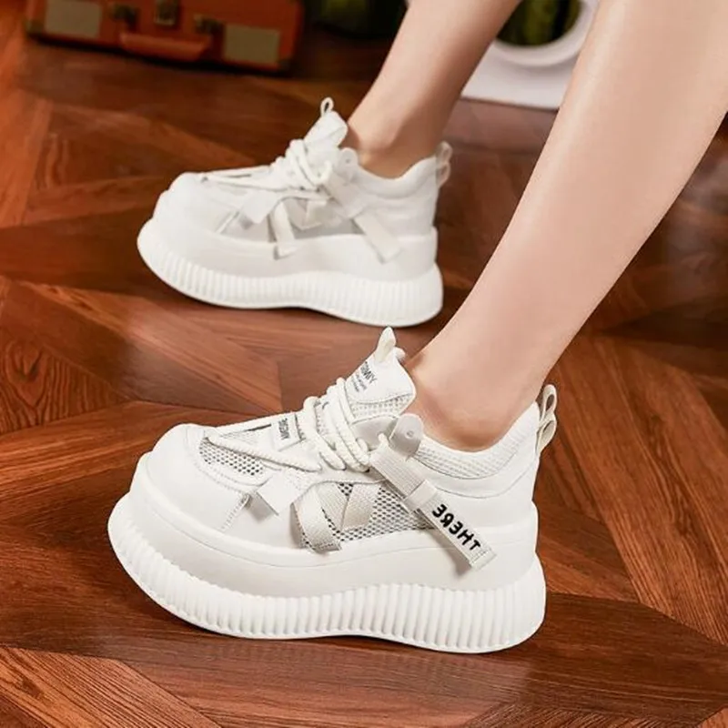 

8cm Microfiber Leather Women High Brand Vulcanized Shoes Platform Wedge Chunky Fashion Casual New Summer Boarding Skate Sneaker
