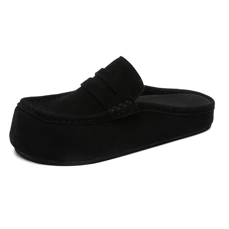 Mules Half Shoes For Men Suede Leather Backless Casual Shoes Semi-Drag Loafers Slippers 2025 Fashion Open-back Slides Sandals