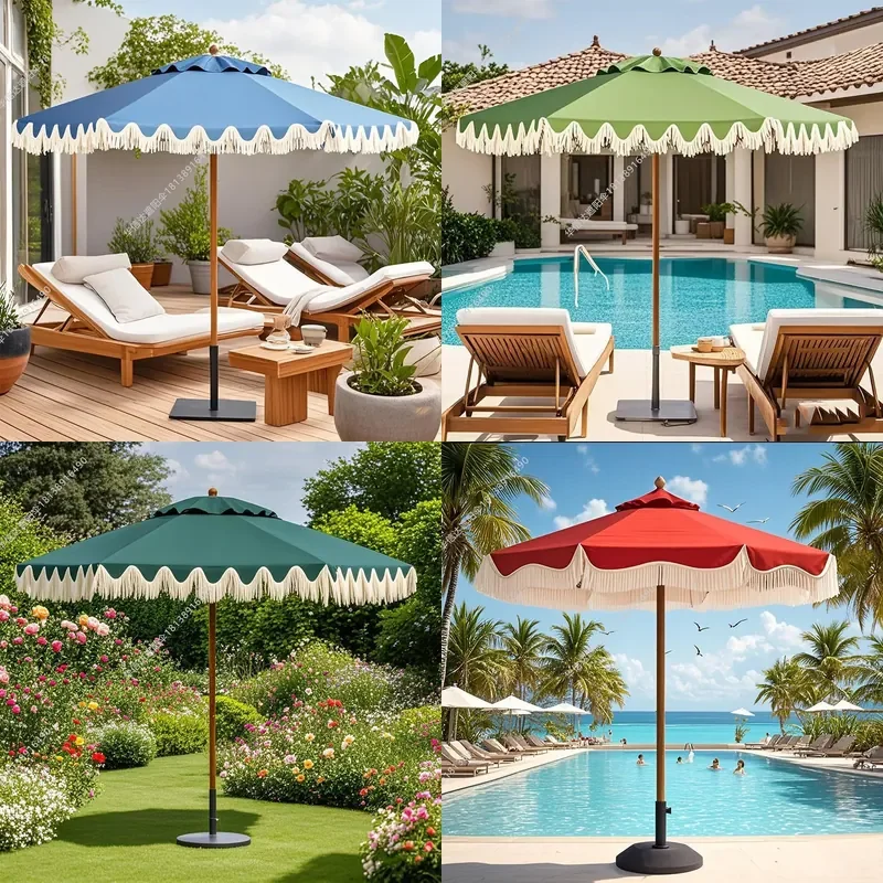 Solid Wood Outdoor Deck Chair with Fringed Parasol Set Wind Resistant Patio Furniture for Courtyard Leisure Gradient Style