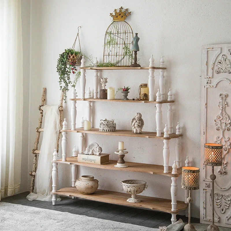 French creative retro shelf, multi-layer flower stand, floor-to-ceiling five-layer column shape, old furniture