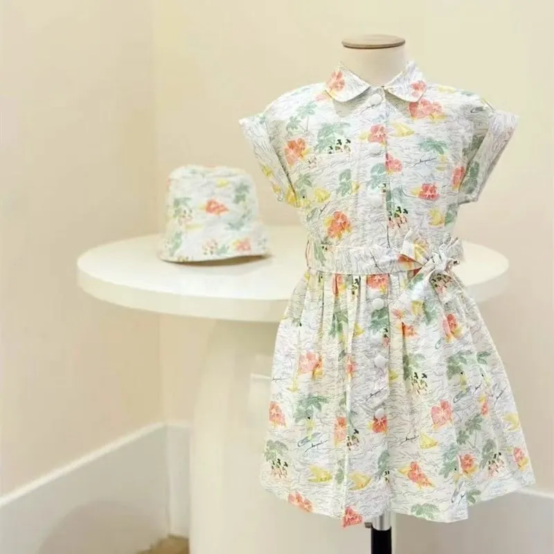 New BP Girls Dress Freehand painting Beach Turn-down Collar Summer Short Sleeve Cotton Girls Princess Dress Children Clothing