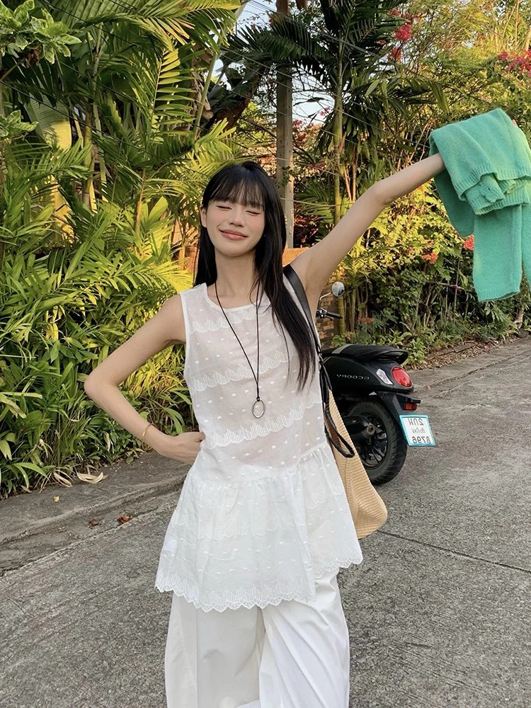 Estilo coreano branco renda bordado colete crimento médio sem mangas primavera verão novo doce suave camadas vestido de sa...
