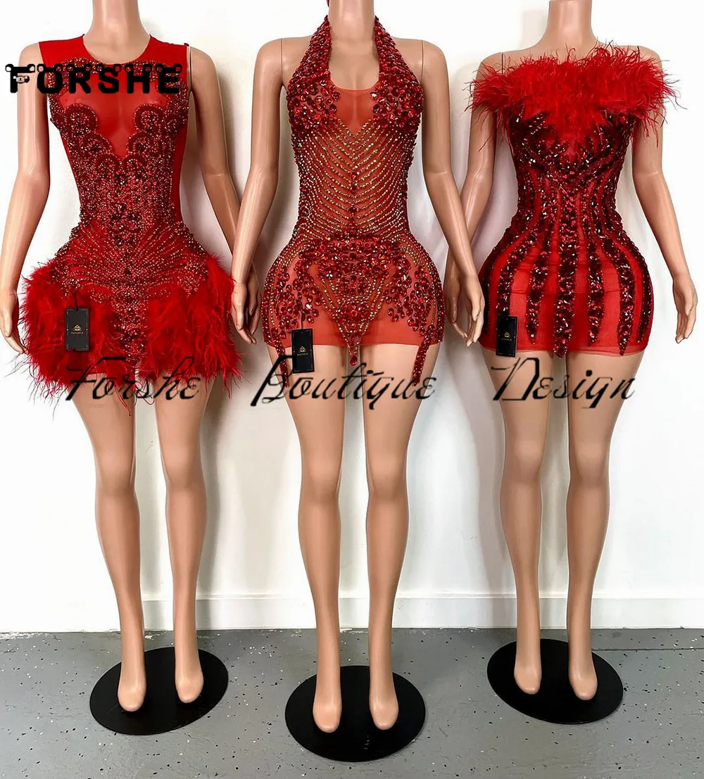 Luxury Red Birthday Dresses Feathers 2024 Rhinestone Crystal Short Mini Cocktail Gowns Party Outfits Vestidos De Gala