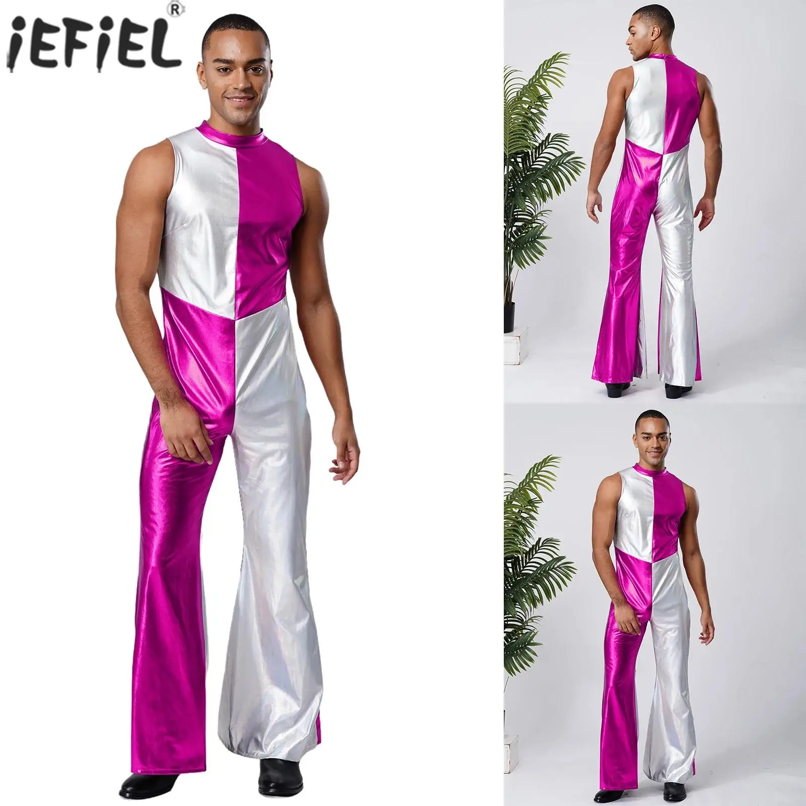 

Men Stylish One Piece Slim Fit Flare Pant Jumpsuit for 70s 80s Disco Party Jazz Tango Waltz Club Dance Performance Bodysuits