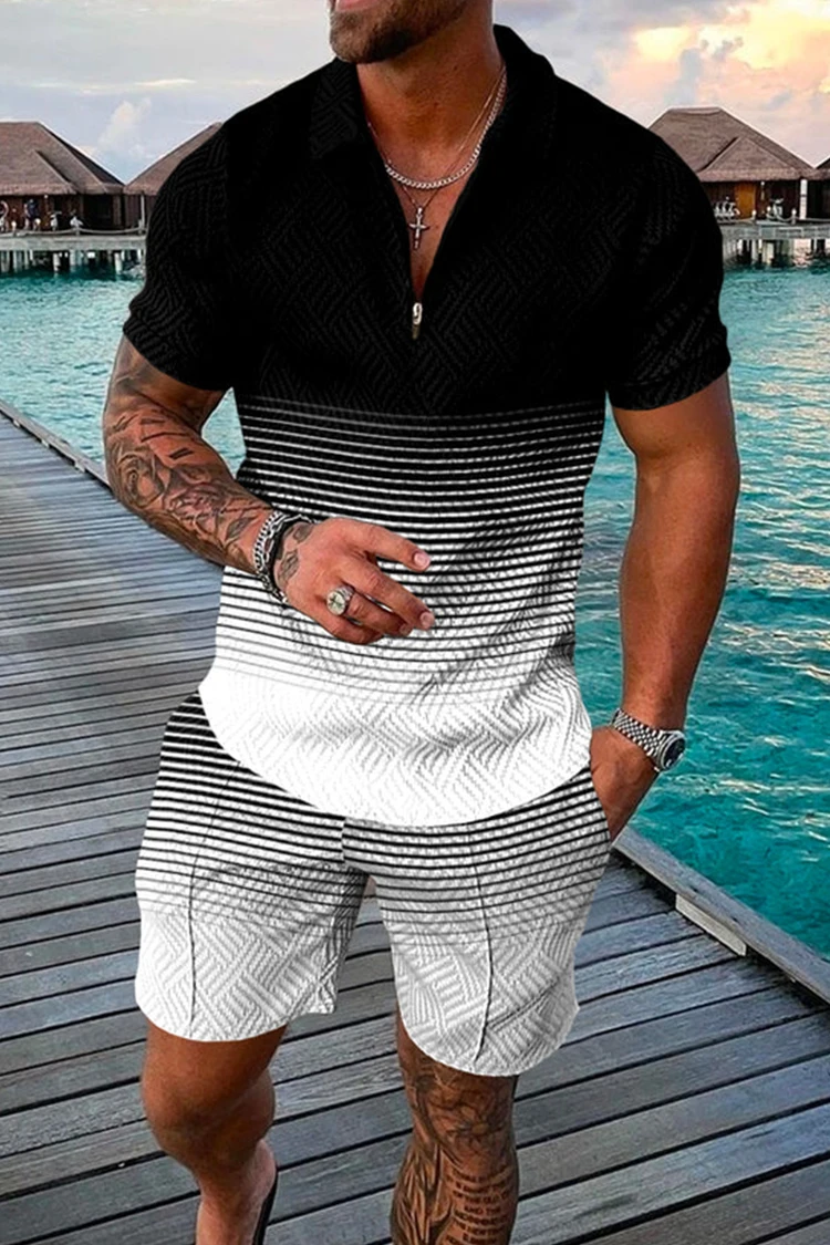 Herren Sommer lässig Polos hirt Set männliche Mode Trainings anzug einfarbig Anzug Trun Down Kragen Reiß verschluss Kleidung Vintage Outfit – Detail 8