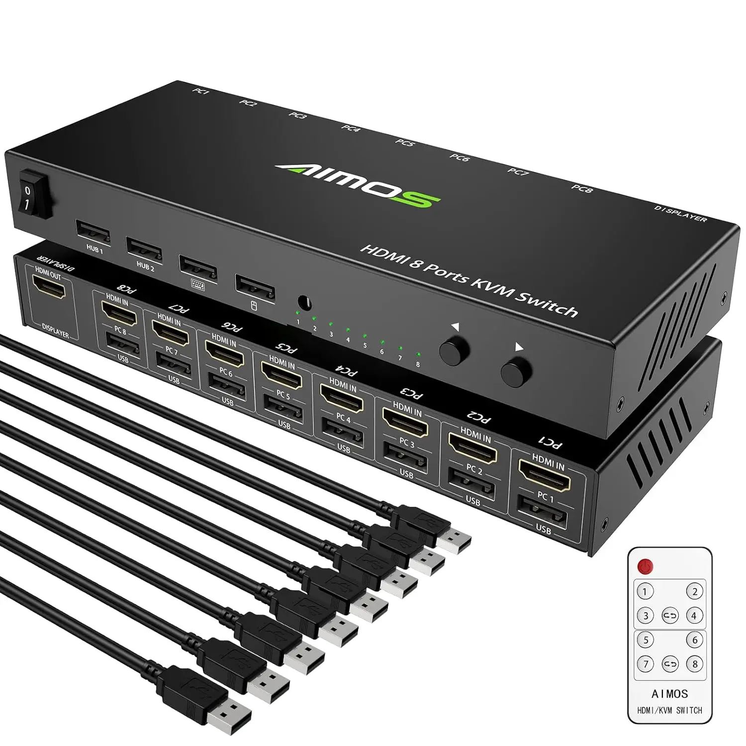 

AIMOS KVM USB Switch 8 in 1 Out HDMI Switcher Box Support 4K@30Hz for 8 PC Share Keyboard and Mouse Support USB Hub Connect