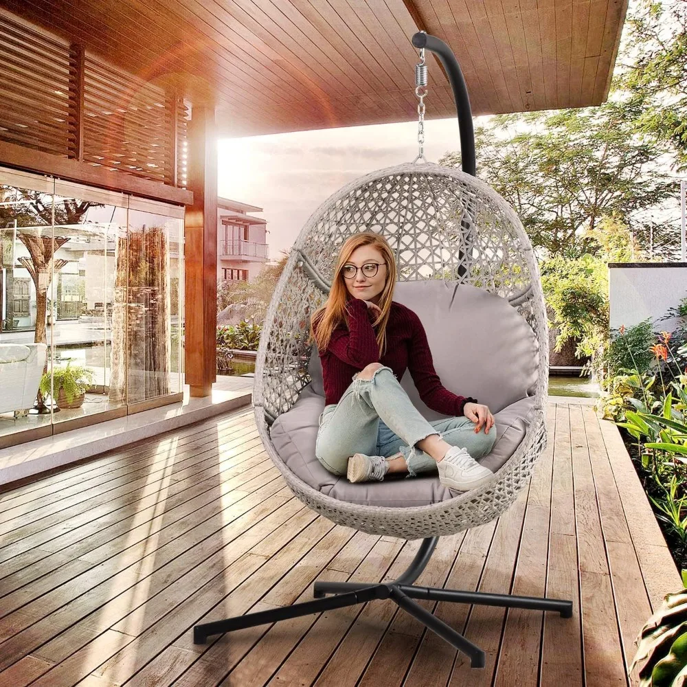 

Large Hanging Egg Chair with Stand Egg Swing Chair Outdoor Indoor PE Rattan Hanging Chair with GreyComfort Cushion Outdoor