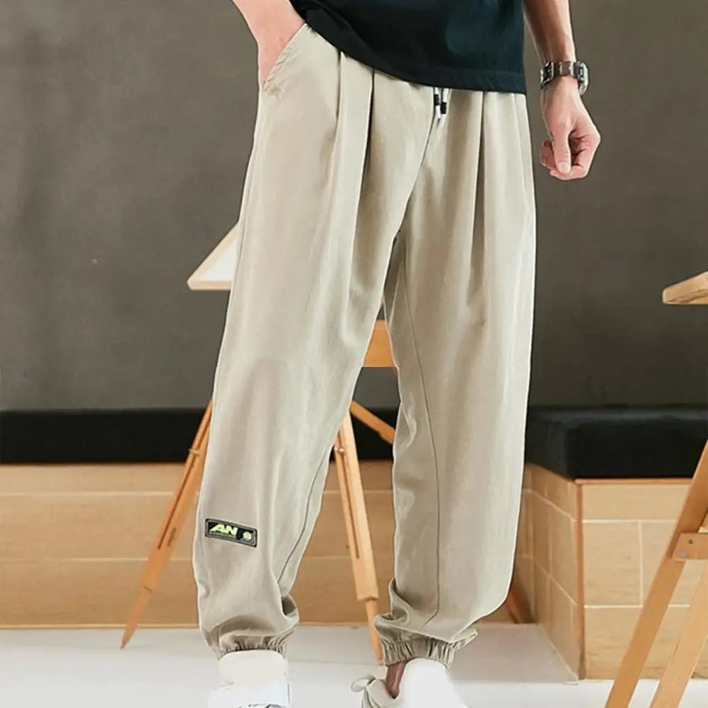 Men Pants Pure Color Simple Drawstring Casual Spring Trousers for School