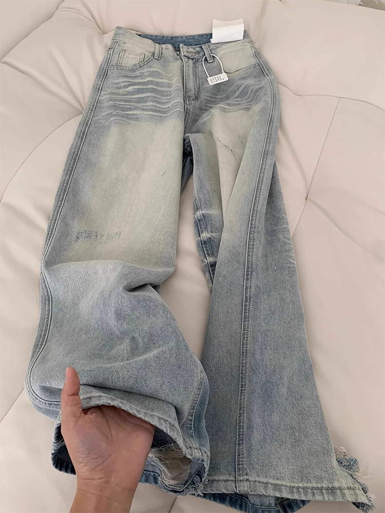 

Изношенные джинсы большого размера, женские свободные утягивающие широкие брюки, длинные брюки с высокой талией, повседневная модная осенняя одежда