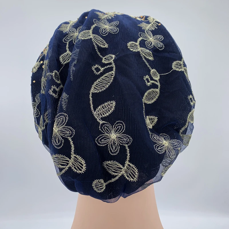 Breathable Embroidery Lace Turban Cap Women's Summer Beanies Bonnet Muslim Headscarf Hat Ladies Head Wraps Ready Hijab 5