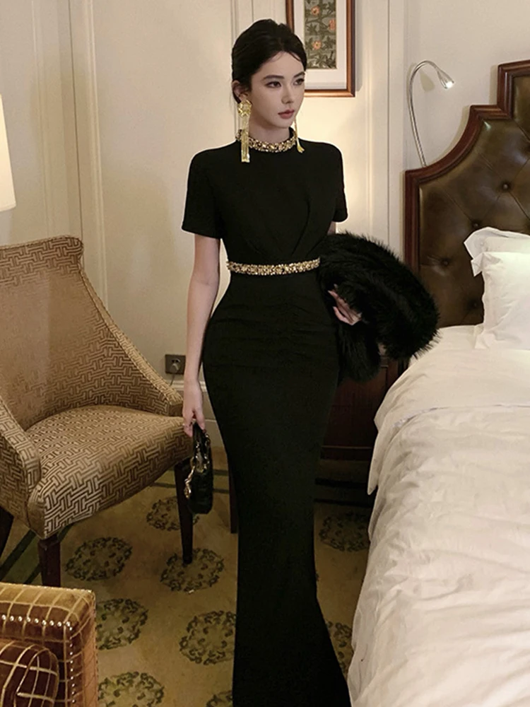 Frauen Kleidung Schwarz Gold Pailletten Oansatz Dünne Maxi Lange Abendkleid Elegante Dame Party Geburtstag Vestido Fiesta Robe Sommer Neue