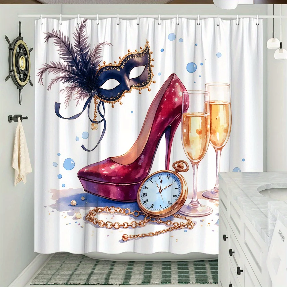 Red High Heel Mask Shower Curtain, Champagne Glass Clock Art Print Waterproof Bathroom Decor, Luxury Party Home Bath Screen
