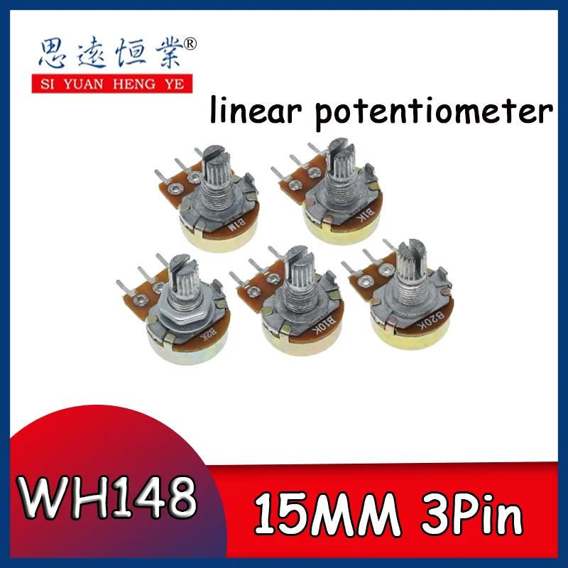 

10pcs Single potentiometer WH148 B1K2K5K10K20K50K100K500K with a handle length of 15MM and 3 pins