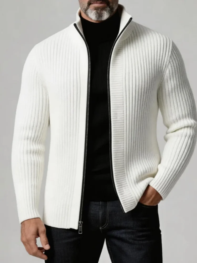 Mens Stand Collar Zip Up Ribbed Knit Jacket Slim Fit Long Sleeve Knitted Outerwear Men Casual Coat
