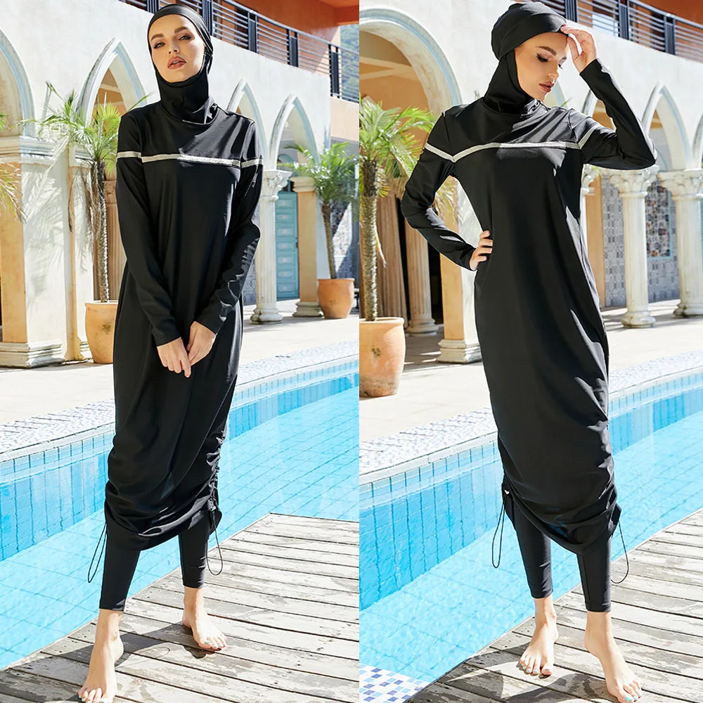 

Islamic Swimwear Tunic Robe Solid 3pcs Long Burkini Muslim Women Swimsuits For Women Swimming Bathing Surfing Wear Full Cover