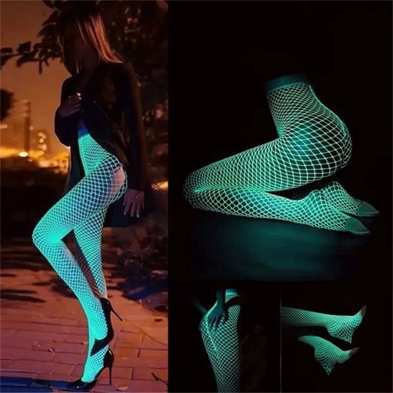

Glow In The Dark Stockings for Women Luminous Sexy High Waist Tights Shiny Fishnet Pantyhose for Christmas Halloween Party Rave