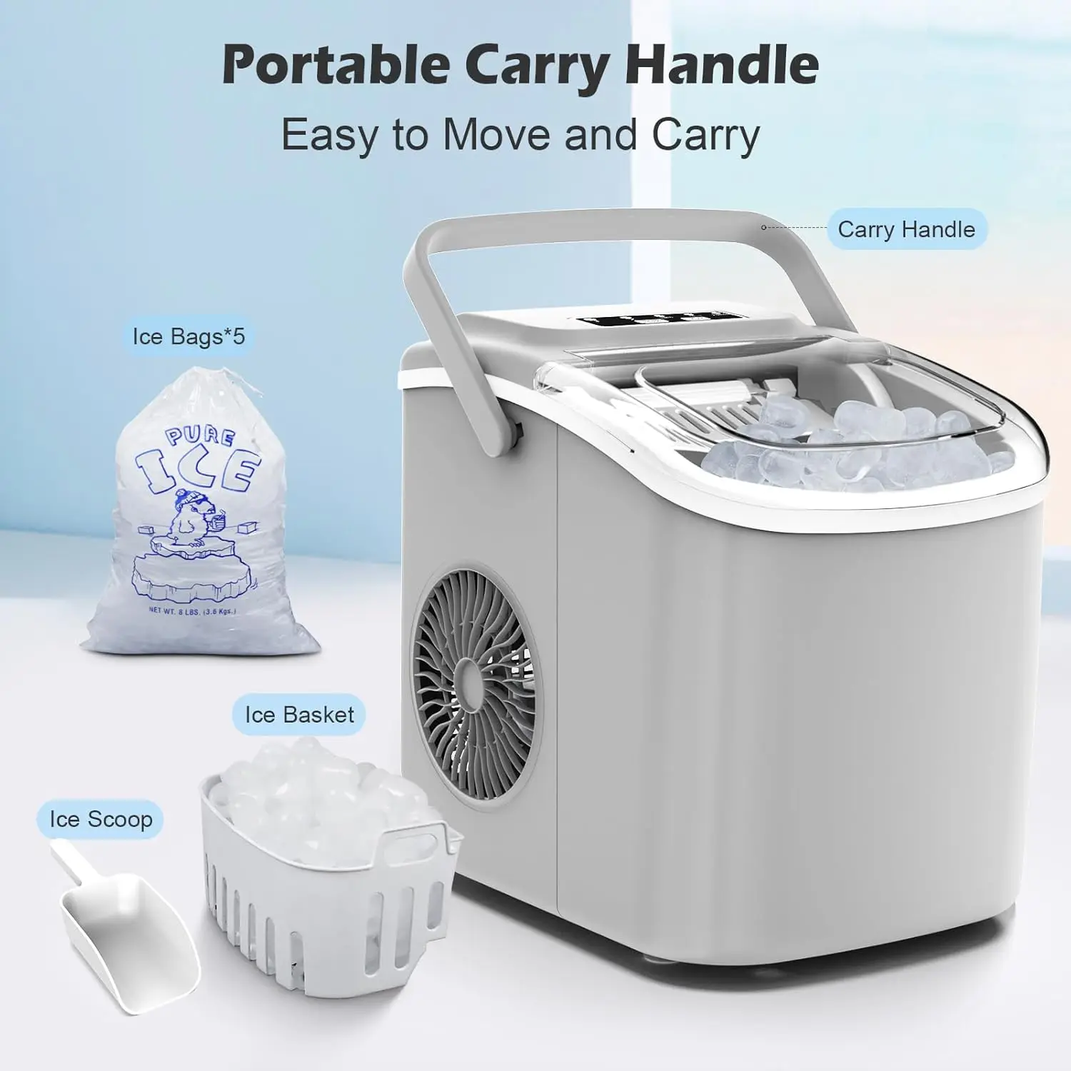 Countertop Ice Maker, Portable Maker Machine with Carry Handle, Self-Cleaning Ice Makers, 9 Bullet in 6 Mins 26.5Lbs/24H