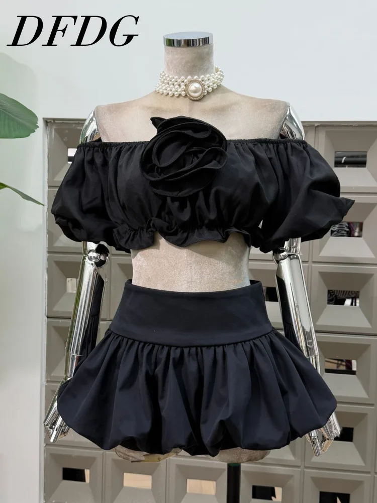 

DFDG Women’s 2025 Designer 2 Piece Set Off Shoulder Puff Sleeve Ruffle Blouse Bubble Hem Jellyfish Mini Skirt Spring Summer Set