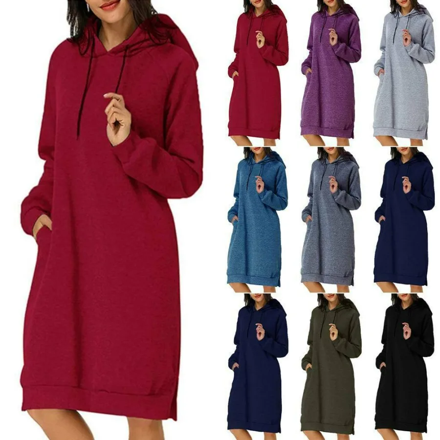 

New 2024 Women‘s New Pocket Sweatshirt dress Long Split Hooded Dress Autumn Clothes Solid Sleeve Pullovers Casual Woman dresses