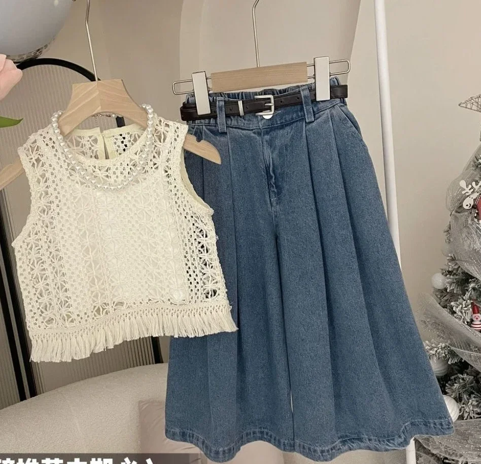 Girls Summer Set 2024 New Korean Womens Treasure Girls Summer Tank Top Jeans Cute and Gentle Design Two Piece Set