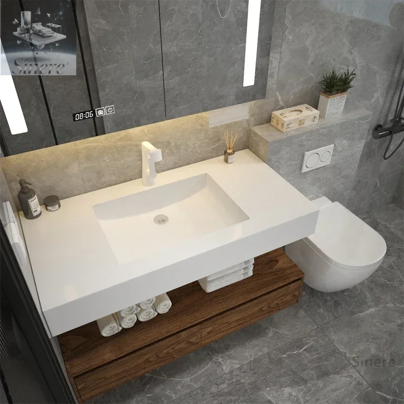 

Medieval walnut color bathroom cabinet rock slab ceramic integrated basin toilet washstand face wash basin hotel