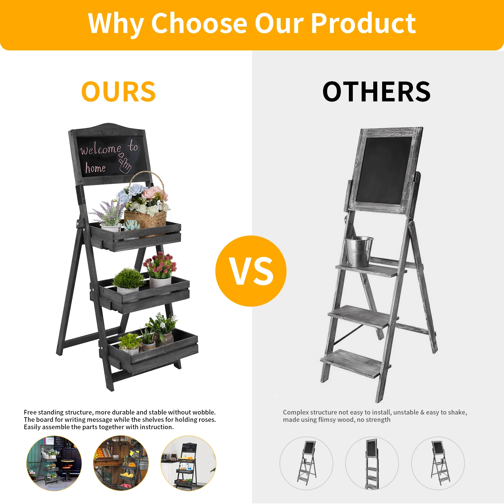Unho 3-Tier Wooden Display Stand with Chalkboard, Foldable A-Frame Rack for Patio, Garden, Bakery Storage Organizer