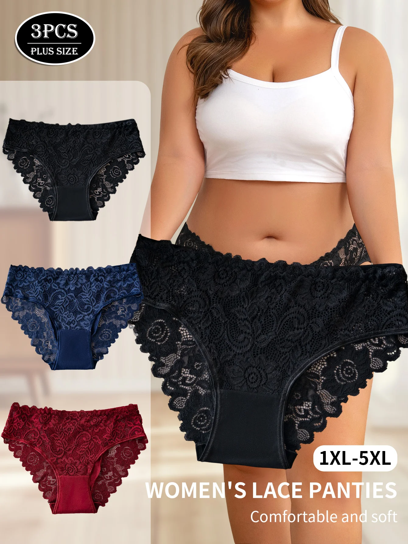 3PCS Plus-Size Elegant Women's Underwear Hollow Floral Embroidery Lace Sexy Panties Solid Color Briefs High Quality Lingerie