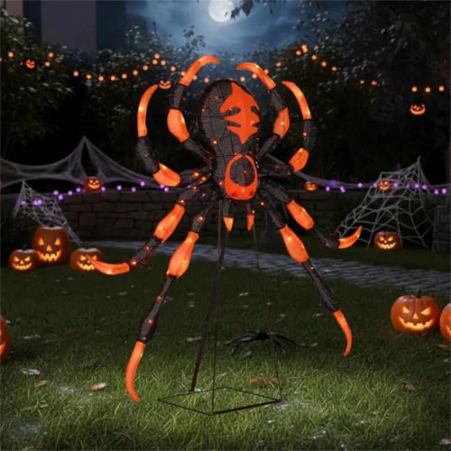Halloween decoration: large 52 lighted spider with sturdy metal stand, black finish, 80 bright LED lights for indoor/outdoor us