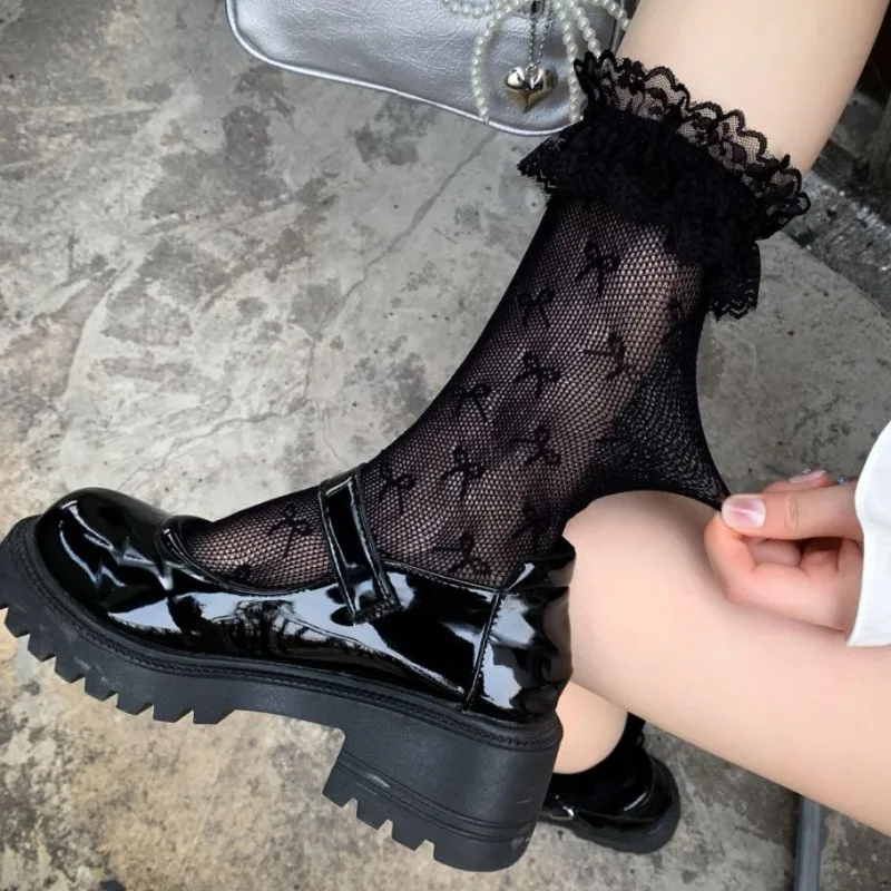 Nylon Fishnet Socks Women Sexy Bow Print Hollow Out Lace Sock Japanese Fashion JK Lolita Kawaii Sock Breathable Mesh Ankle Socks