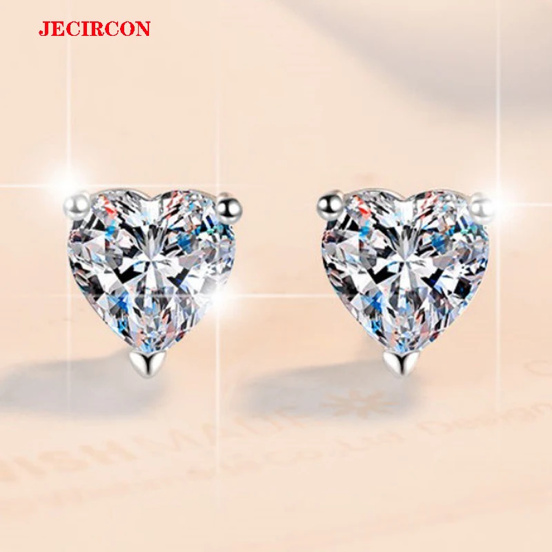 

JECIRCON S925 Sterling Silver Stud Earrings for Women Fashion Classic Heart Shaped 1 Carat Moissanite Screw Ear Blockage Jewelry
