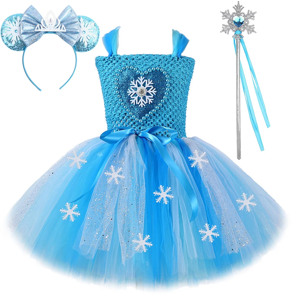 Sparkly Elsa Princess Dresses for Girls Snow Queen Ballet Tutus Kids Halloween Christmas Costume Girl Snowflakes Birthday Outfit