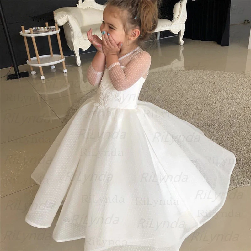 White Elegant Lace Applique Flower Girl Dresses Ball Gown Kids Pageant Birthday Holy Communion Fluffy Tulle Sleeveless Dresses