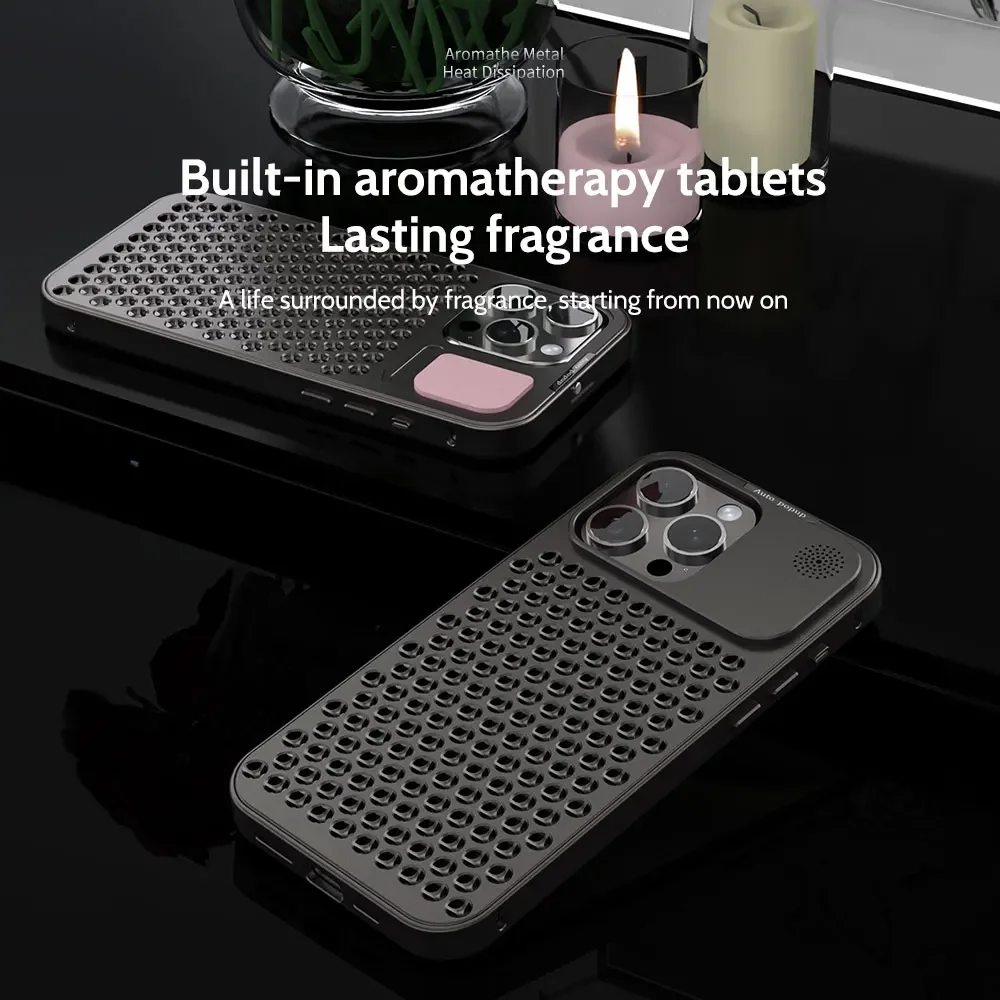 Aromatherapy Aluminum Alloy Metal Case For iPhone 15 14 Plus 13 12 Pro Max Hollow Heat Dissipation Protective Cover Luxury