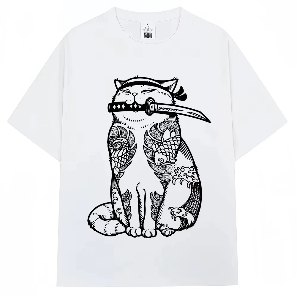 Japanese Samurai Cat Tattoo Kawaii T Shirt Men Women Summer Vintage Fashion T-shirts Street Cool Oversized Cotton Casual Tees