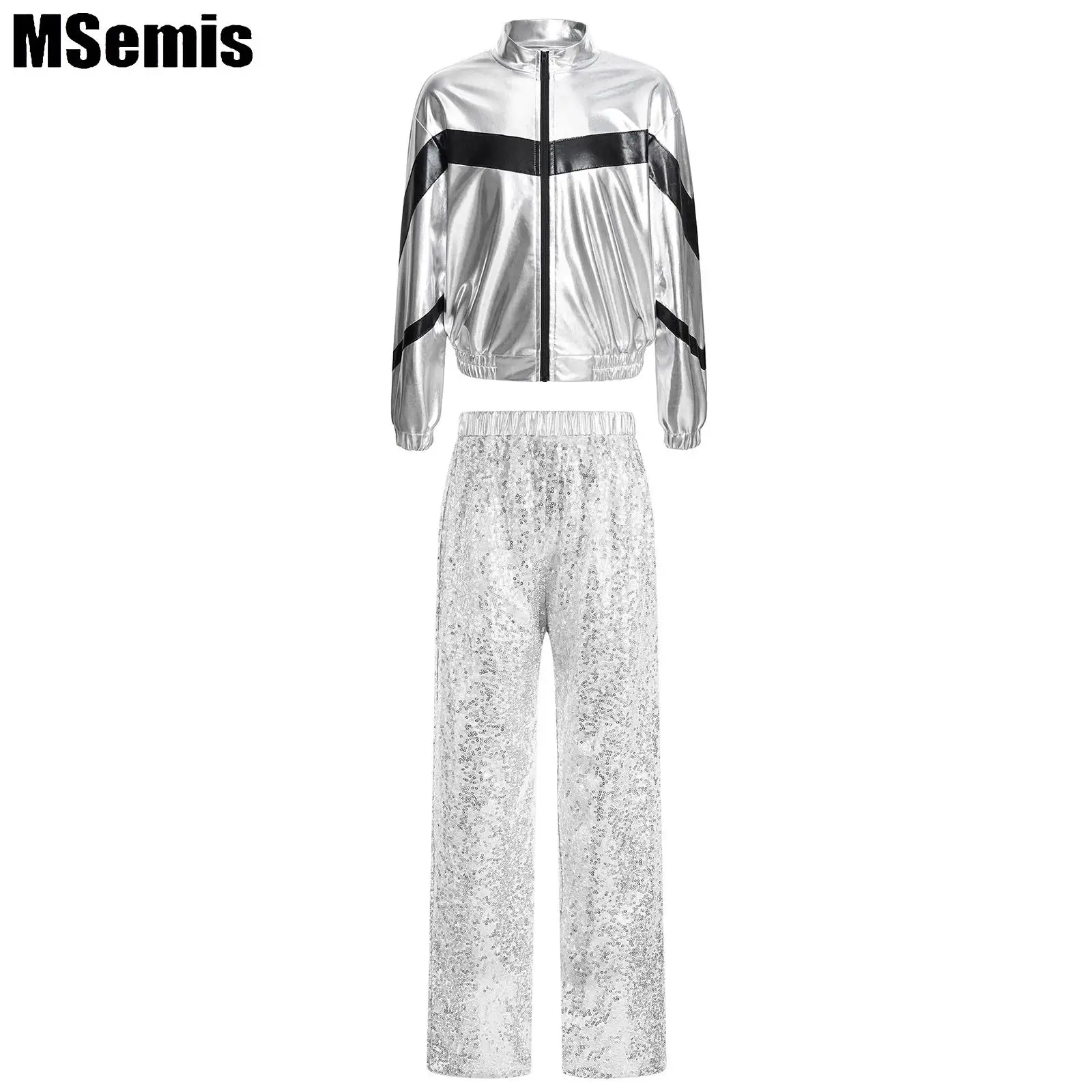 

Kids Girls Jazz Dance Outfits Contrast Color Stand Collar Long Sleeve Metallic Jacket with Sparkling Sequin Pants for Party