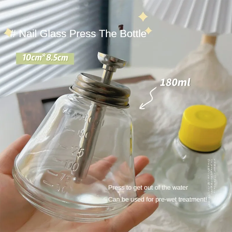 180ml Nail Glass Press Bottle Ith Metal Pump and Graduated Dust Cap Suitable for Nail Polish Remover Gel Alcohol Liquid Storage