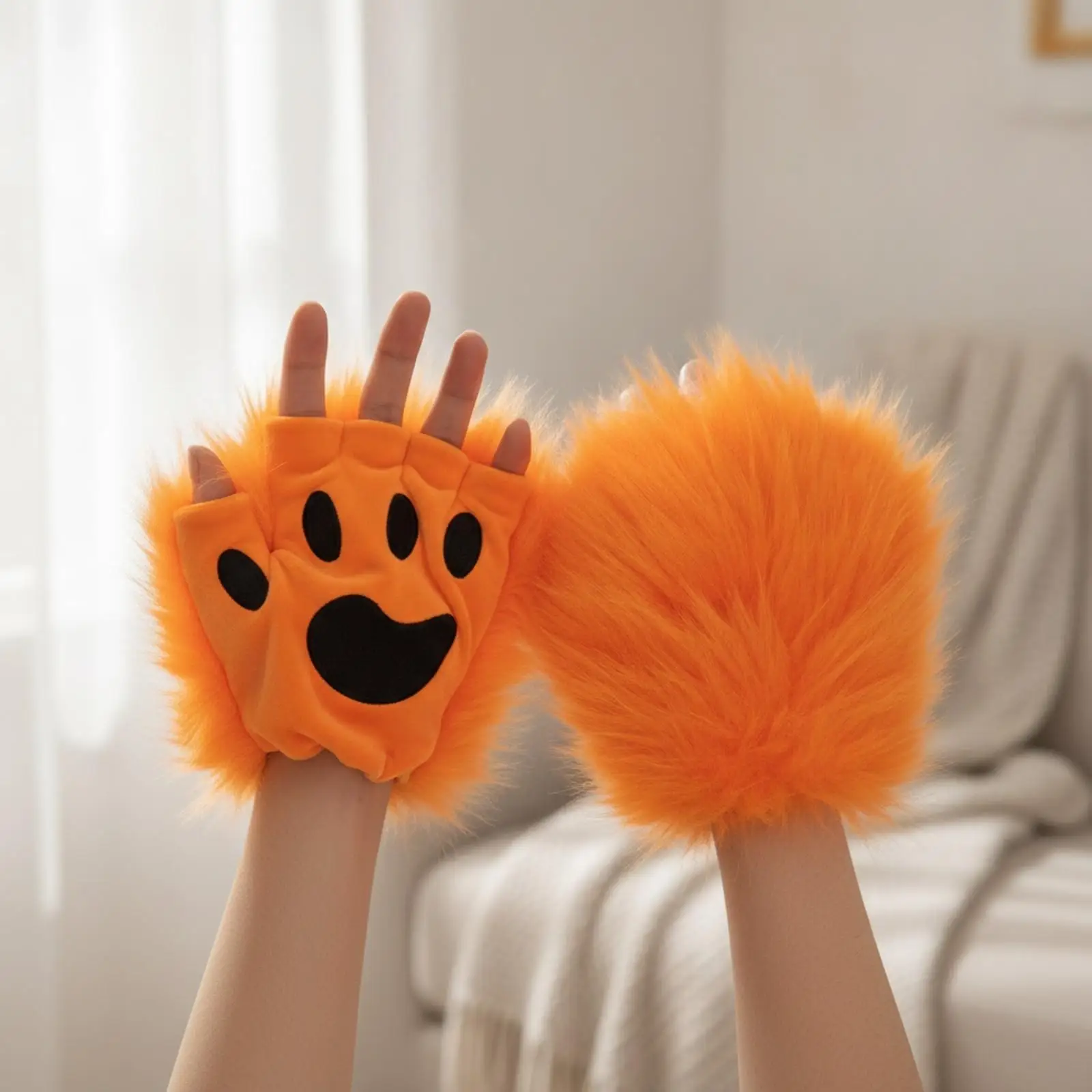 Fingerless Feline Paw Glove with Embroidered Paw Pads Soft Animal Claw Gloves Furry for Cosplayers, Themed Parties, Halloween