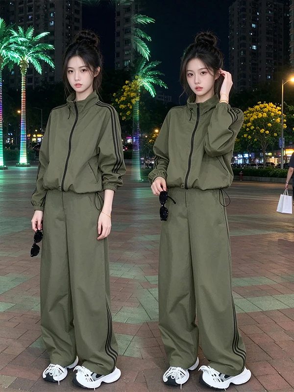 Slimming Stand Collar Jacket Top Set Women's Casual Commute Wide Leg Pants Two Piece Set Fashionable Autumn New Arrival