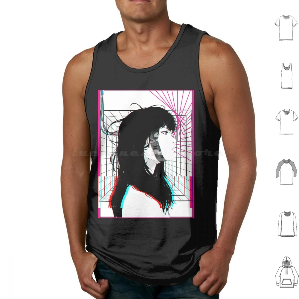 Cyborg Girl Color Glitch Futuristic Style Tank Tops Print Cotton Cyborg Girl Glitch Vaporwave Japanese Hipster Future