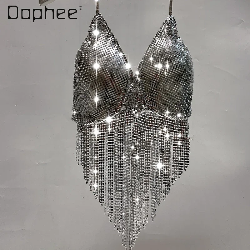 Heavy Industry Sexy Metal Aluminum Sheet Shiny Bra Suspender Top  Personality Fashion Tassel Spice Girl Crop Top Women Costume - AliExpress  200000345