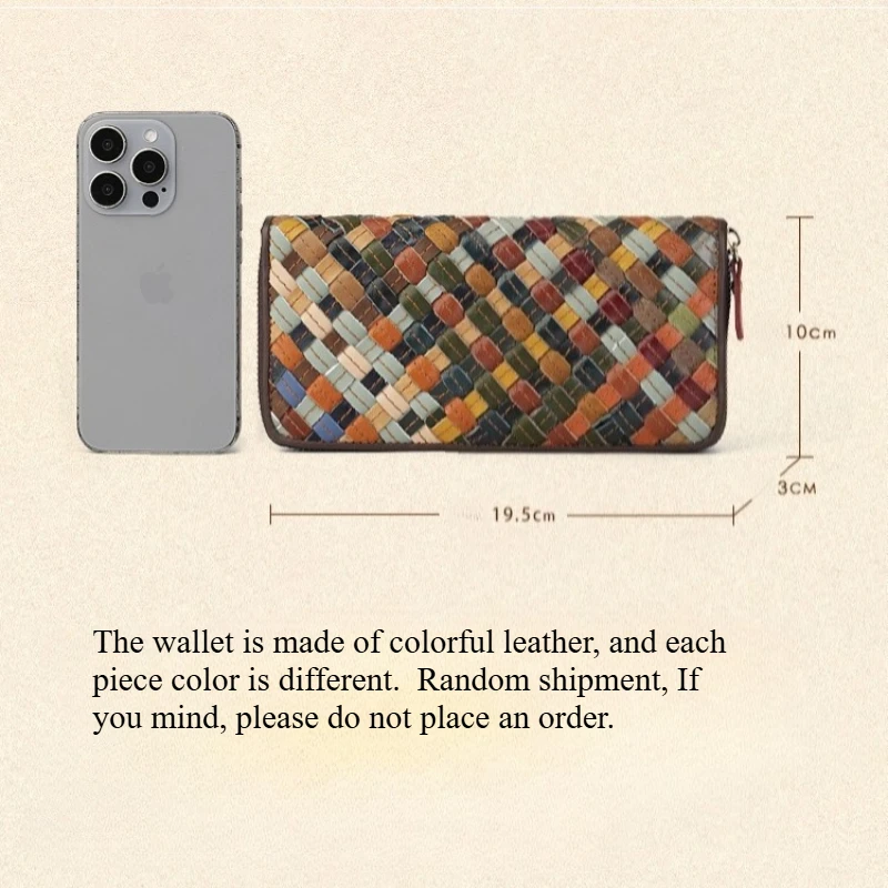 Lange damesportemonnee van echt leer, kleurrijk geweven, multi-positie ritszak, damesclutch met grote capaciteit