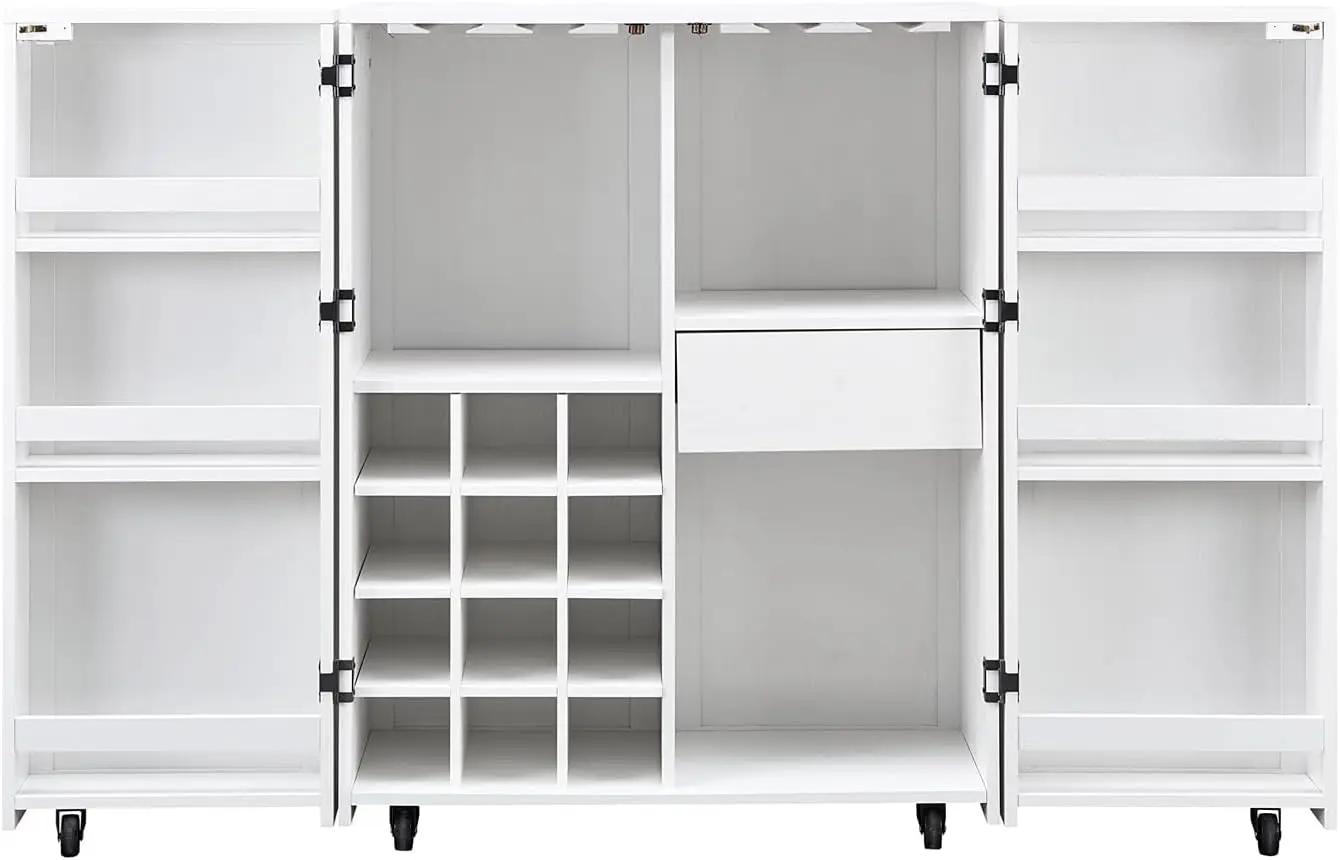 Moderne Wijnkast Opslag Organizer Met 6 Planken Lade Verticale Streep Ontwerp Wit Goud Op Wielen 18.7 "D X 31.5" Wx 40.7 "H