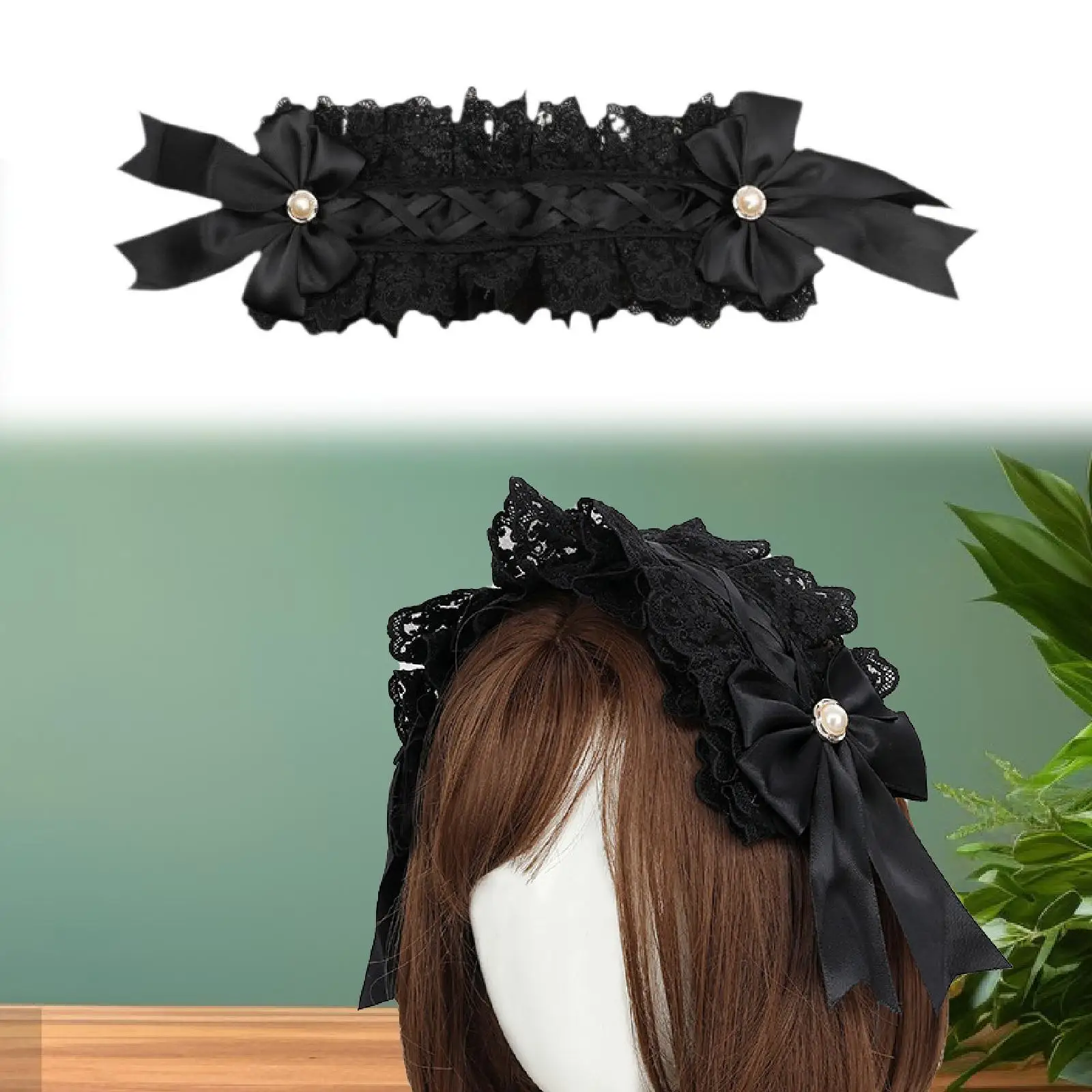 Gothic Lolita Props Hair Accessory Headpiece Lolita Lace Hair Hoop Cute Black Lace with Hairpins Cosplay Sweet Girls Anime Maid