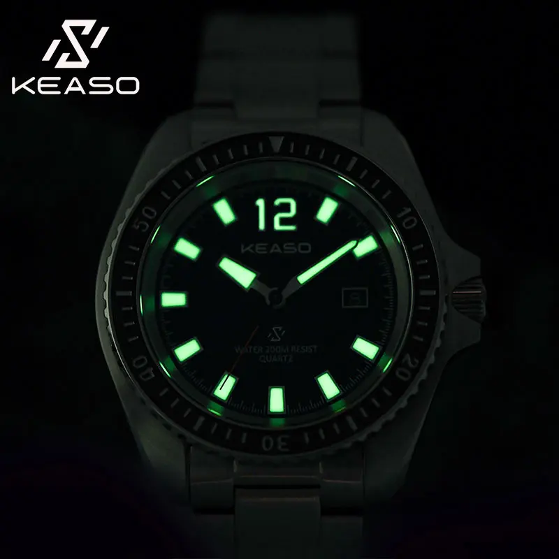 KEASO Men Quartz Watch Sapphire Ceramic Bezel Movement 200M Waterproof C3 Luminous Watch Solid 316L Steel Dive Quartz Men Watch