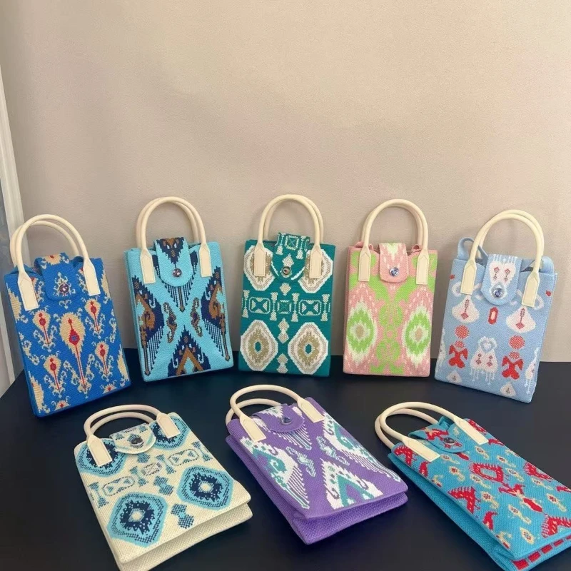 

Boho Chic Knitted Mini Bag for Women Ethnic Pattern Small Crossbody Bag Artisan Style Phone Sling Female Lady Shoulder Purse