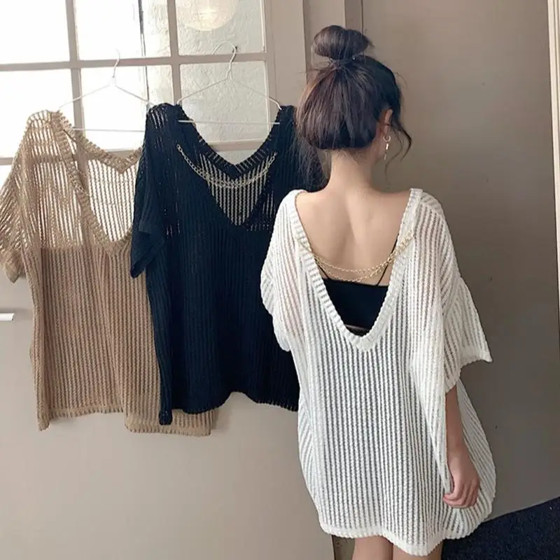 

Summer Woman Lace Princess Party Pullover Female Short Sleeve Deep V Neck Hollow Street Holiday Shirt Fashion Open Back Tops Q81