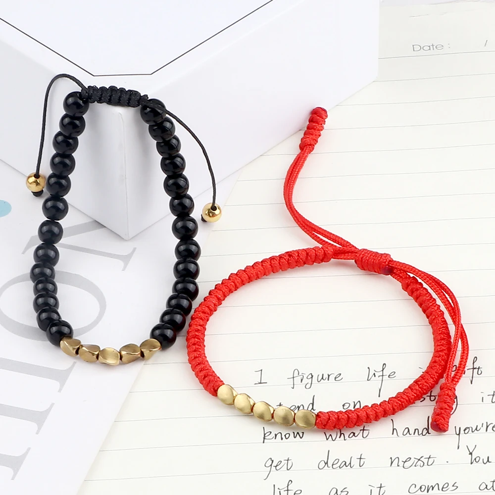 2pcs/set Lucky Braided Thread Bracelet For Women Men Handmade Tibetan Buddhist Copper Beads Bracelets Couples Charm Jewelry Gift