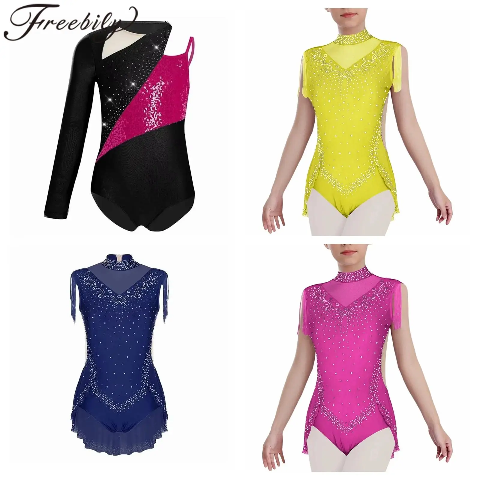 

Children Ballet Dance Costume Leotard Sheer Mesh Tassel Skirted Bodysuits Girls Skating Bodysuit Rhythmic Gymnastics Jumpsuit