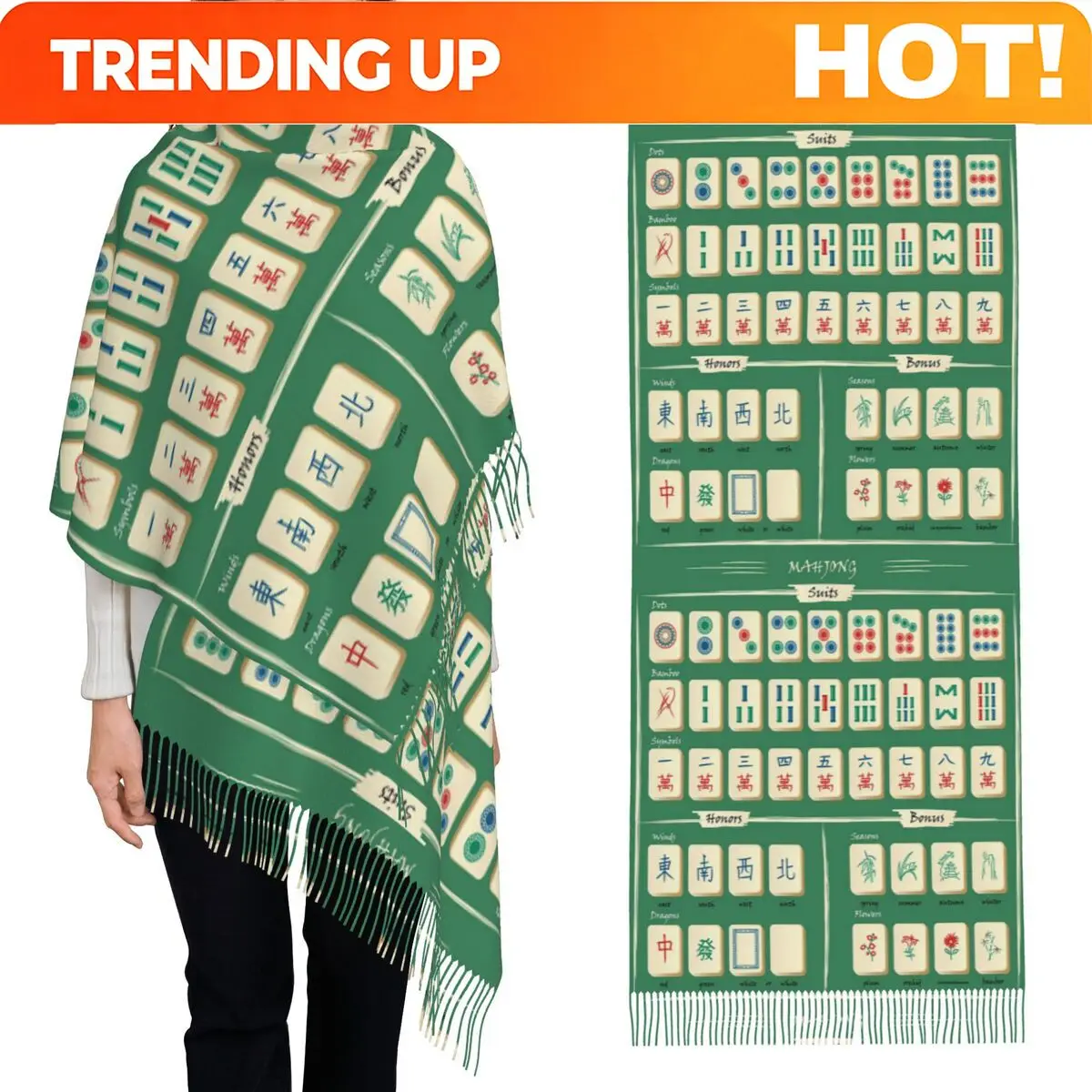 Customization Mahjong Tile Pattern Scarf Tassel Scarves For Women Soft Warm Shawls And Wraps Long Fall Winter Shawl Wrap